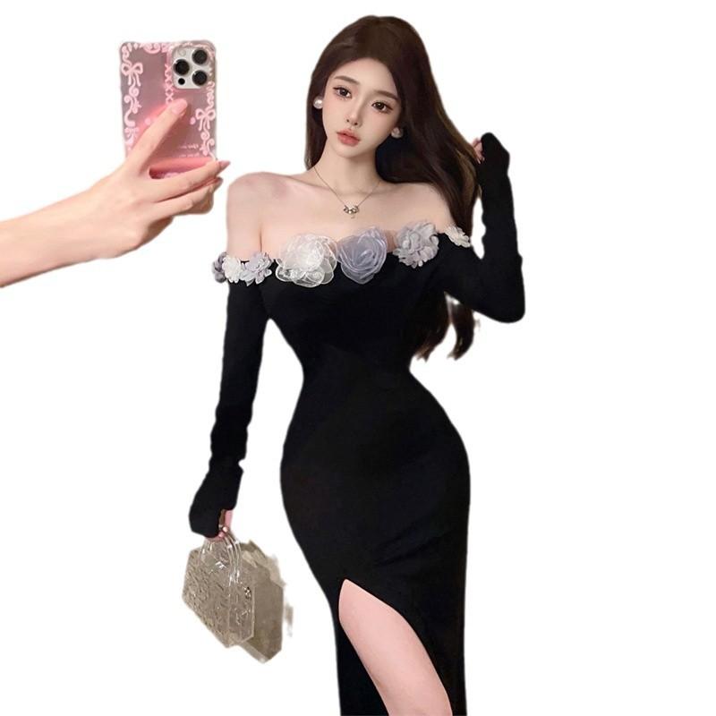 Французское сексуальное облегающее платье с трехмерным цветком и разрезами по низу