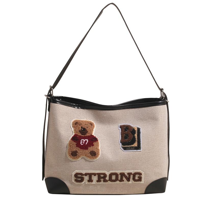 Cartoon Bear Canvas Bag for Women New Large Capacity Commuting Tote Bag Casual One-shoulder Crossbody Bag