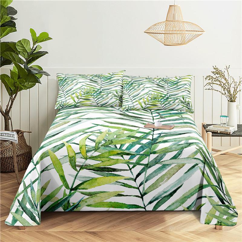 Green Leaves 0.9/1.2/1.5/1.8/2.0m Digital Printing Small Fresh Polyester Bed Sheet With Pillowcase Print Bedding Set