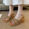 Fashion 2025 New Summer Slippers Women Diamond Square Heel Slippers Crystal High Heels Women Shoes Fashion Chunky Flip-flops Sandal
