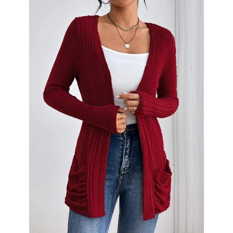 Осенне-зимний однотонный вязаный кардиган средней длины с длинными рукавами и карманом