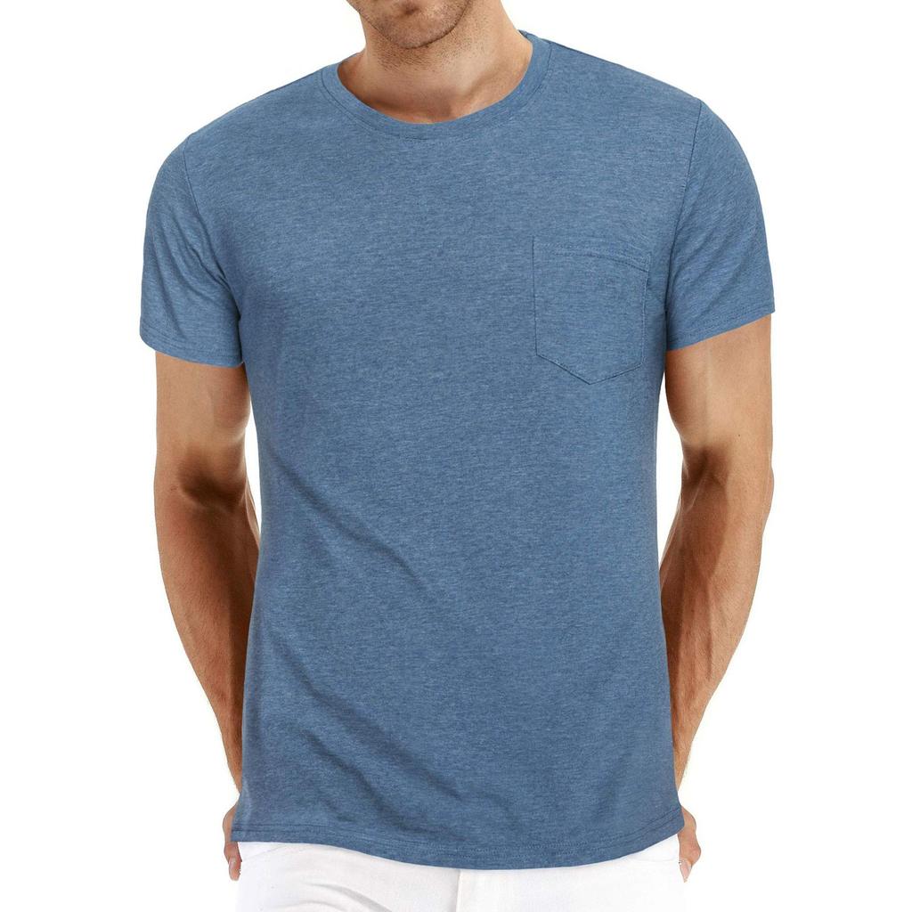 Men's Summer Comfortable Solid Color T-Shirt Short-Sleeved Pocket Round Neck Top