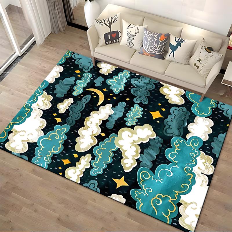 "Clouds and Stars Night Sky Rug - Dreamy Blue and Yellow Design" Suitable for use as an anti-slip for living room bedroom sofas