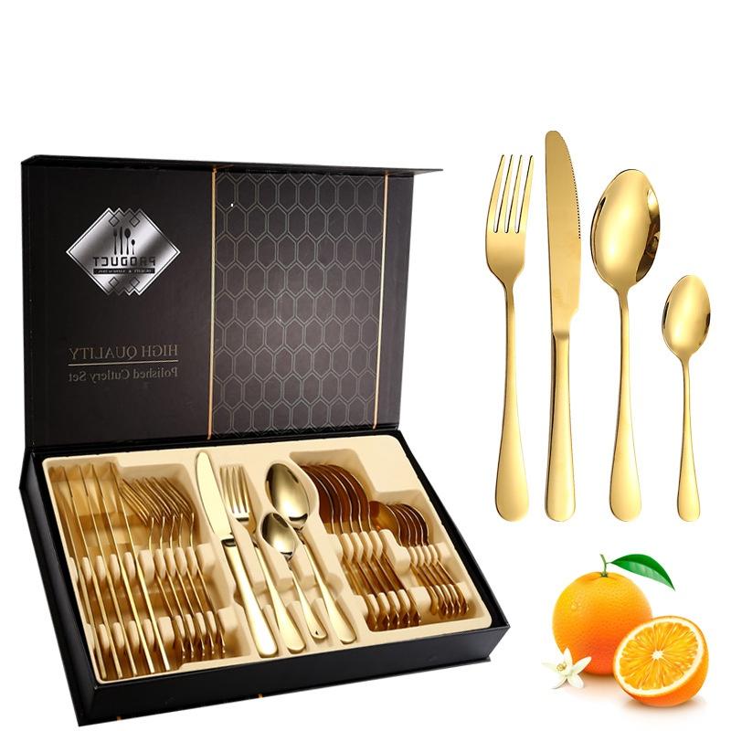 24Pcs Gold Cutlery Specular Light Stainless Steel Steak Knife Fork Spoon Teaspoon Upscale Restaurant Cutlery Set With Gift Box
