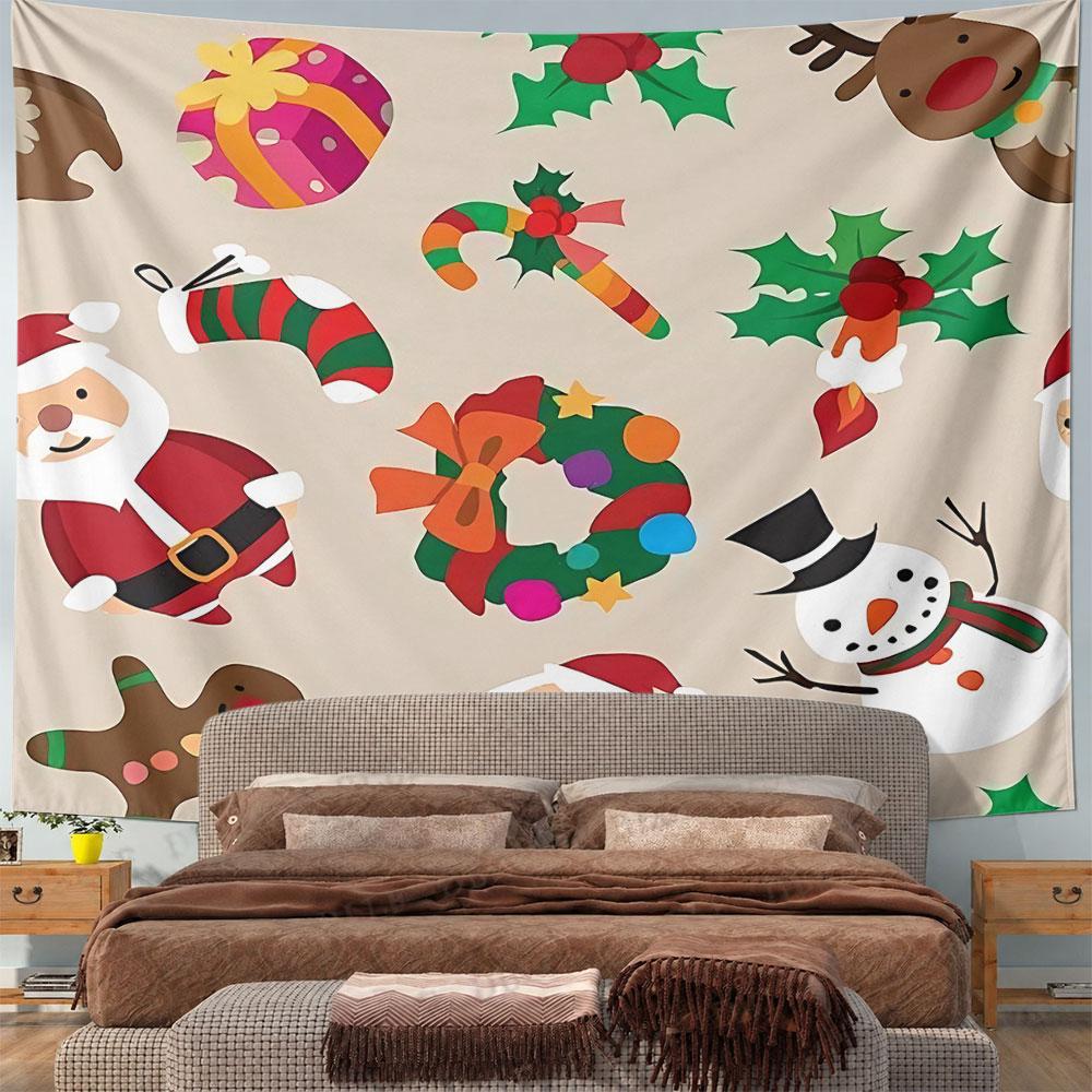 Cream Christmas Seamless Tapestry Wall Hanging Santa Gingerbread Decor for Bedroom Living Room Holiday Gift