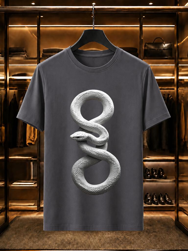 2026 New Arrival 100 Cotton Tshirt 3d Stereo Coiled White Snake Print Dark Style Crew Neck Casual Short Sleeve
