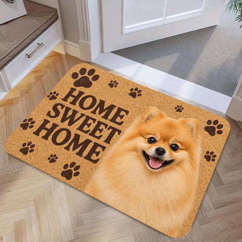 1pc, 2D Flat Printing, HOME SWEET HOME Cute Pomeranian Entrance Door Mat, Colorful Non-Slip, Machine Washable Polyester Carpet, Suitable for Home Deco