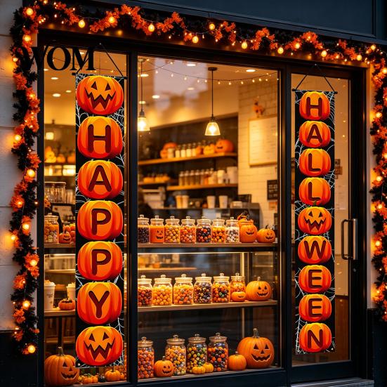 Party Atmosphere Decoration Halloween Porch Sign Banner, Pumpkin Ghost Awning Hanging Wall Supplies Door Decoration, Front Wreath Banner Yard