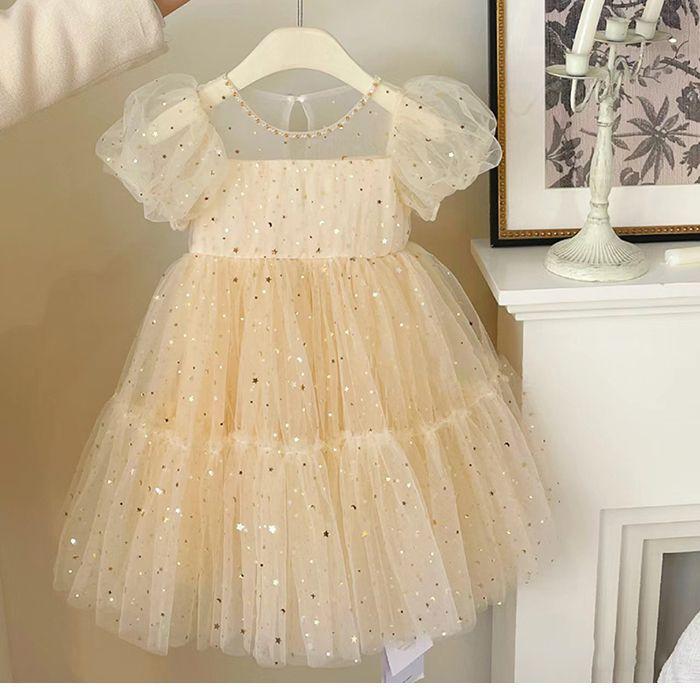 Girls Summer Princess Dress With Puff Sleeves And Premium Tulle Baby Birthday Party Gown For Kids