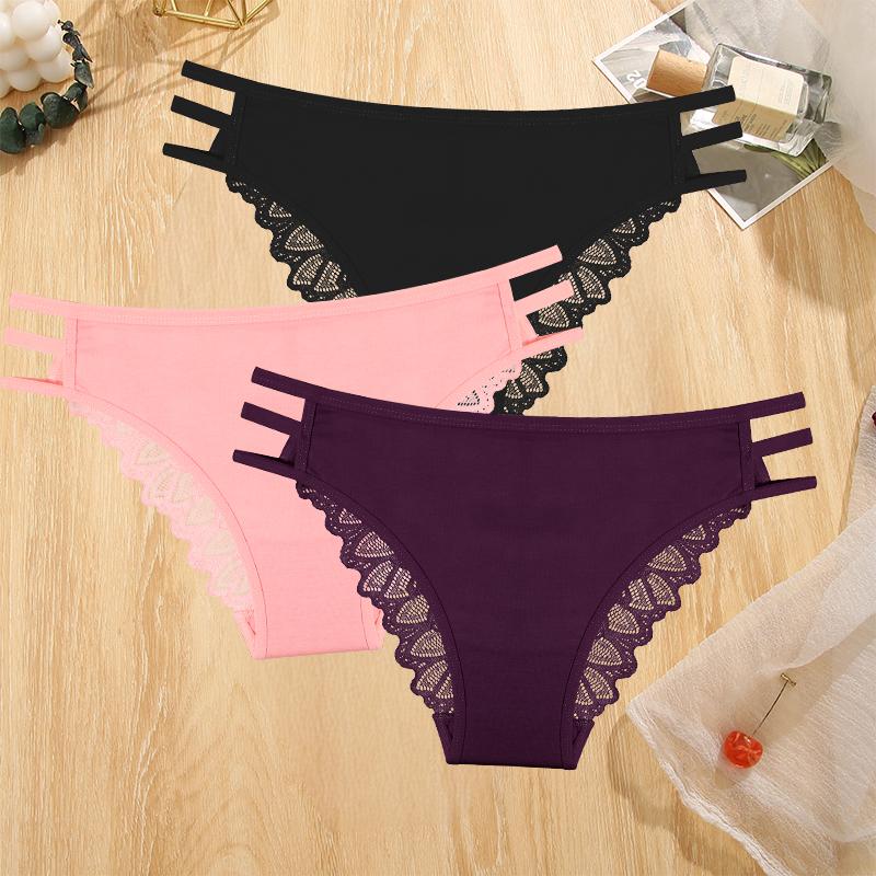 3Pcs Sexy Lady Style Transparent Lace Underwear Women's Straps Panties Seamless Perspective Briefs Low Waisted Triangle Pants