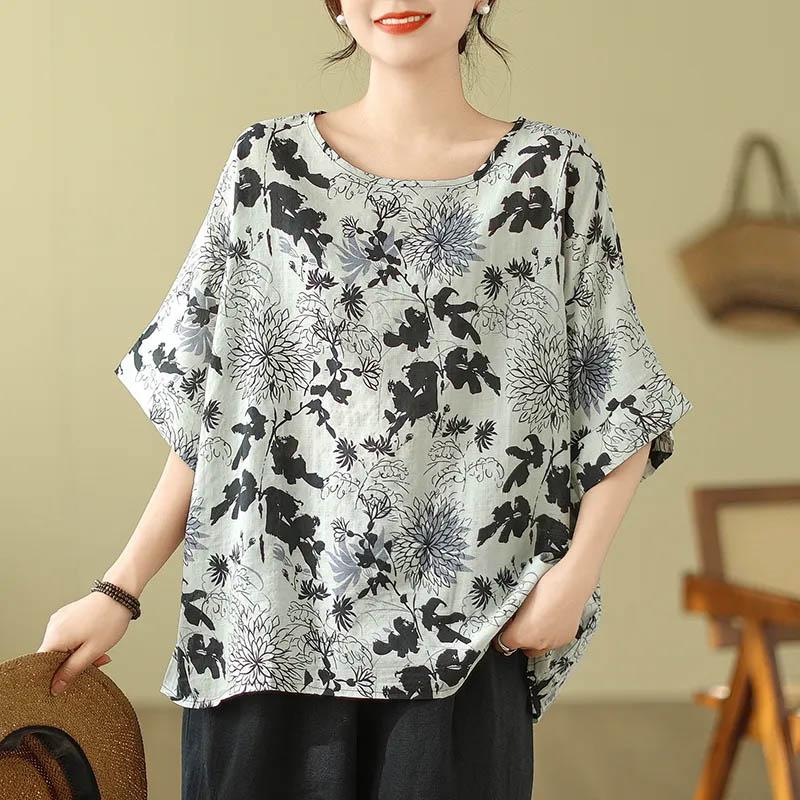 Футболка Топы Женская Хлопковая Летняя Футболка Большого Размера Круглый Вырез Свободный Печатный Повседневный Пуловер Футболка Топ