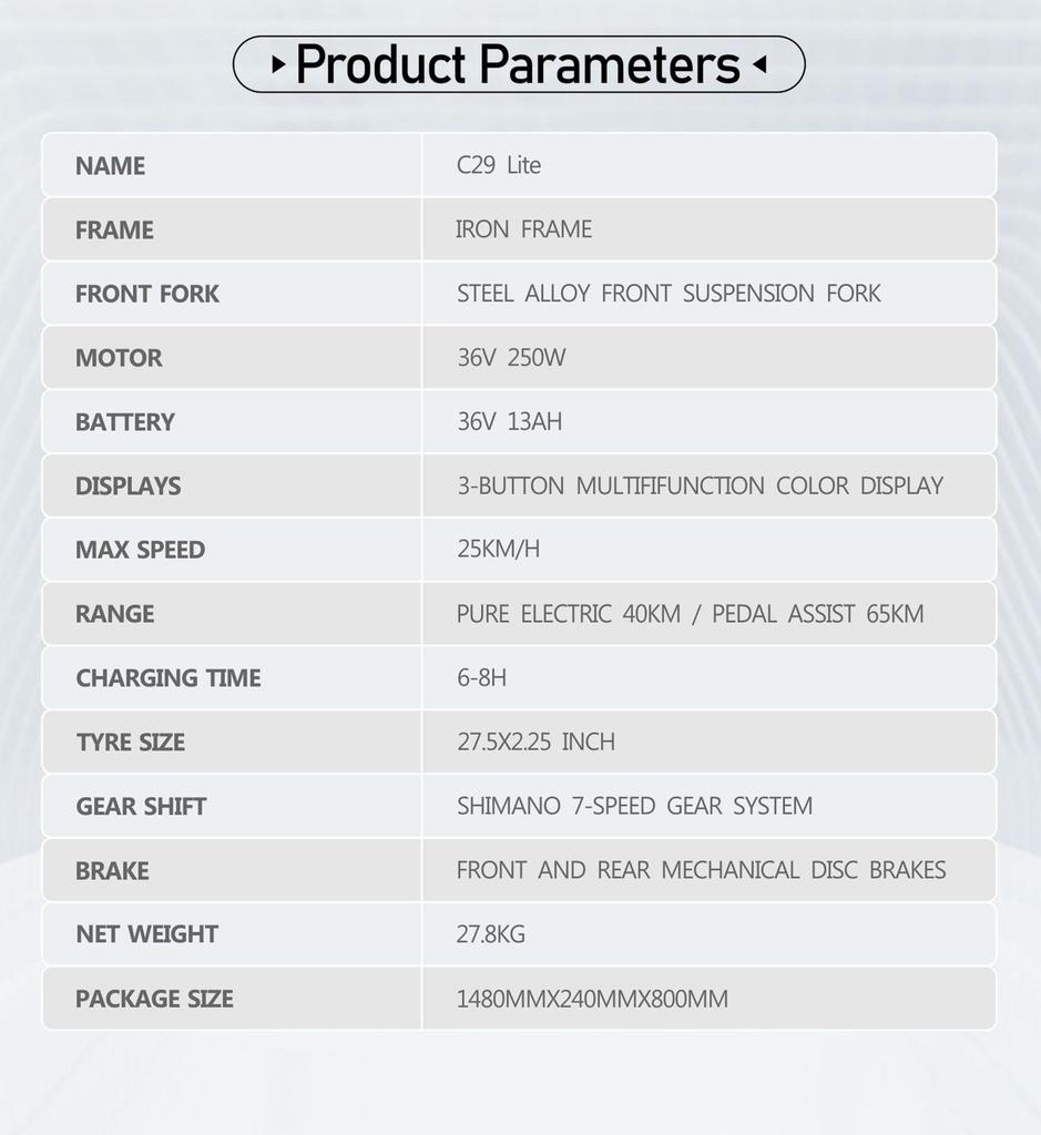 DUOTTS C29 Lite City Electric Bike 250W Motor 36V 13Ah Battery 27.5 inch Tires 25km/h Max Speed 65km Max Range Shimano 7-speed