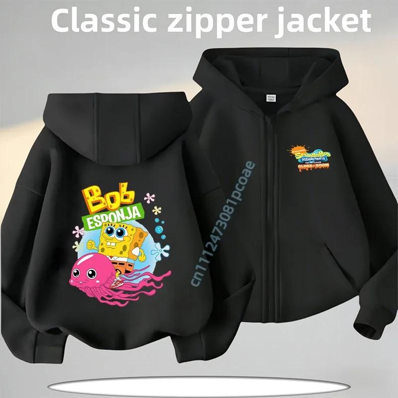 2026 New SpongeBob Cartoon Print New Style Children's Zippered Hooded Sweatshirt Casual Jacket Autumn/Winter Coat Polo Shirt