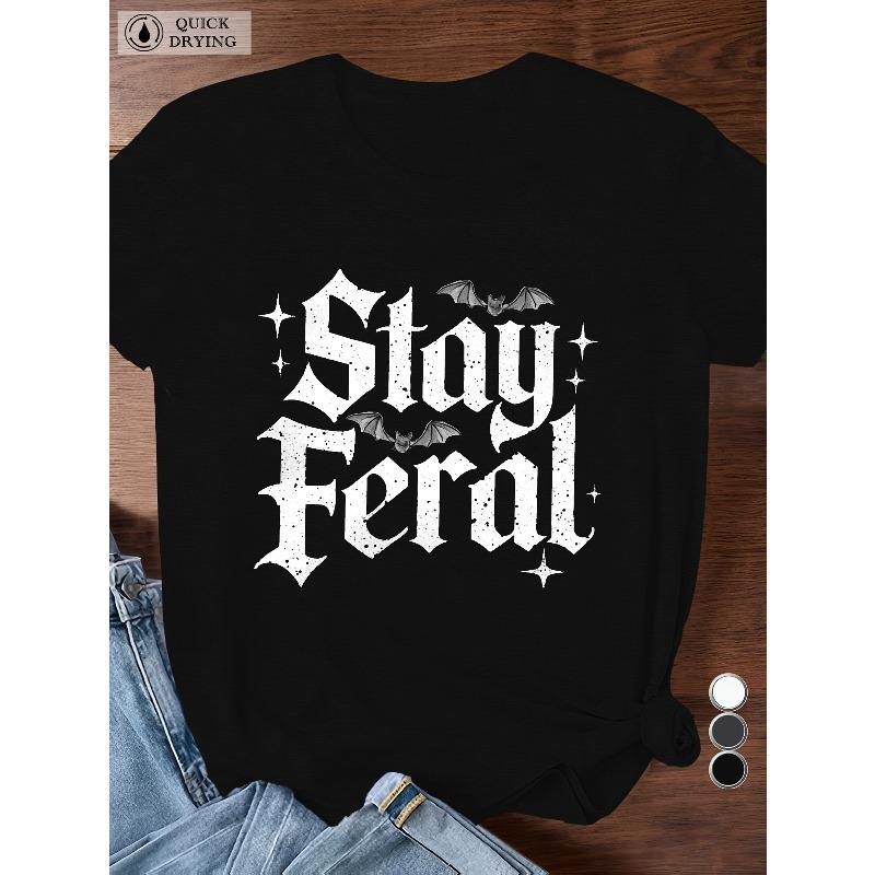 Женская футболка большого размера Stay Feral с готическим принтом, повседневная, с коротким рукавом