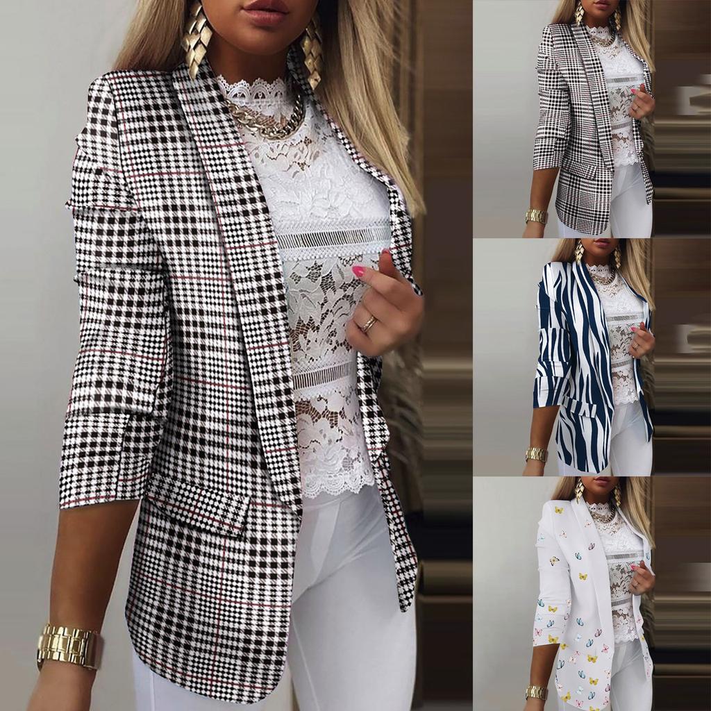 Women Fashion Long Sleeve Print Color Coat Open Front Suit Jacket