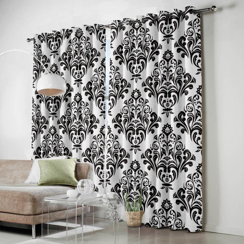 Black White Baroque Pattern Flower Vine Abstract Window Curtains Scenic Curtains for Living Room Decorative Items Living Room