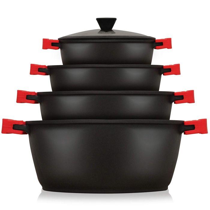 Batterie de Cuisine Induction 8 Pièces Aluminium Fonte 4 Casseroles 4 Couvercles Briebe BLACKT4 Noir