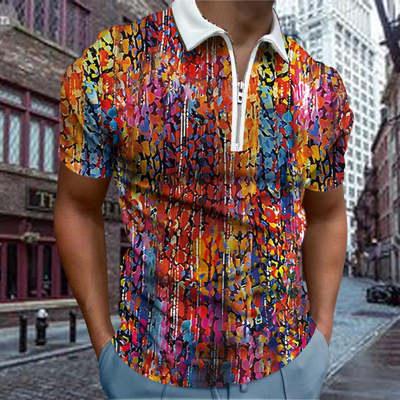 Casual Lapel T-shirt Young Men's Fashion Zipper T-shirt Short Sleeve T-shirt Men's 3D Cross Print T Shirt