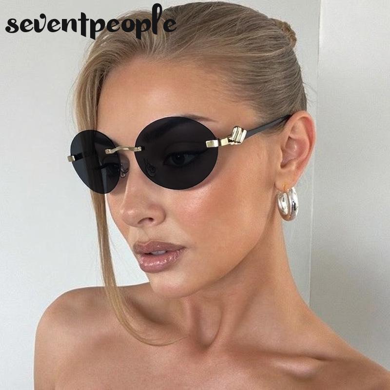Small Frame Oval Rimless Sunglasses Women Luxury Brand Vintage Frameless Punk Sun Glasses For Ladies Trendy Outdoor Shades
