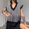 Hirsionsan V Neck Houndstooth Knitted Vest Women 2021 New Korean Cashmere Loose Sleeveless Sweater Female Loose Autumn Pullovers