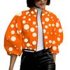 Women Jacket Stand Collar Color Matching Dot Print Zipper Closure Short Type Loose Long Sleeve Cardigan Lady Casual Coat