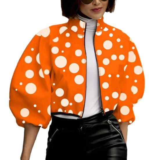 Women Jacket Stand Collar Color Matching Dot Print Zipper Closure Short Type Loose Long Sleeve Cardigan Lady Casual Coat