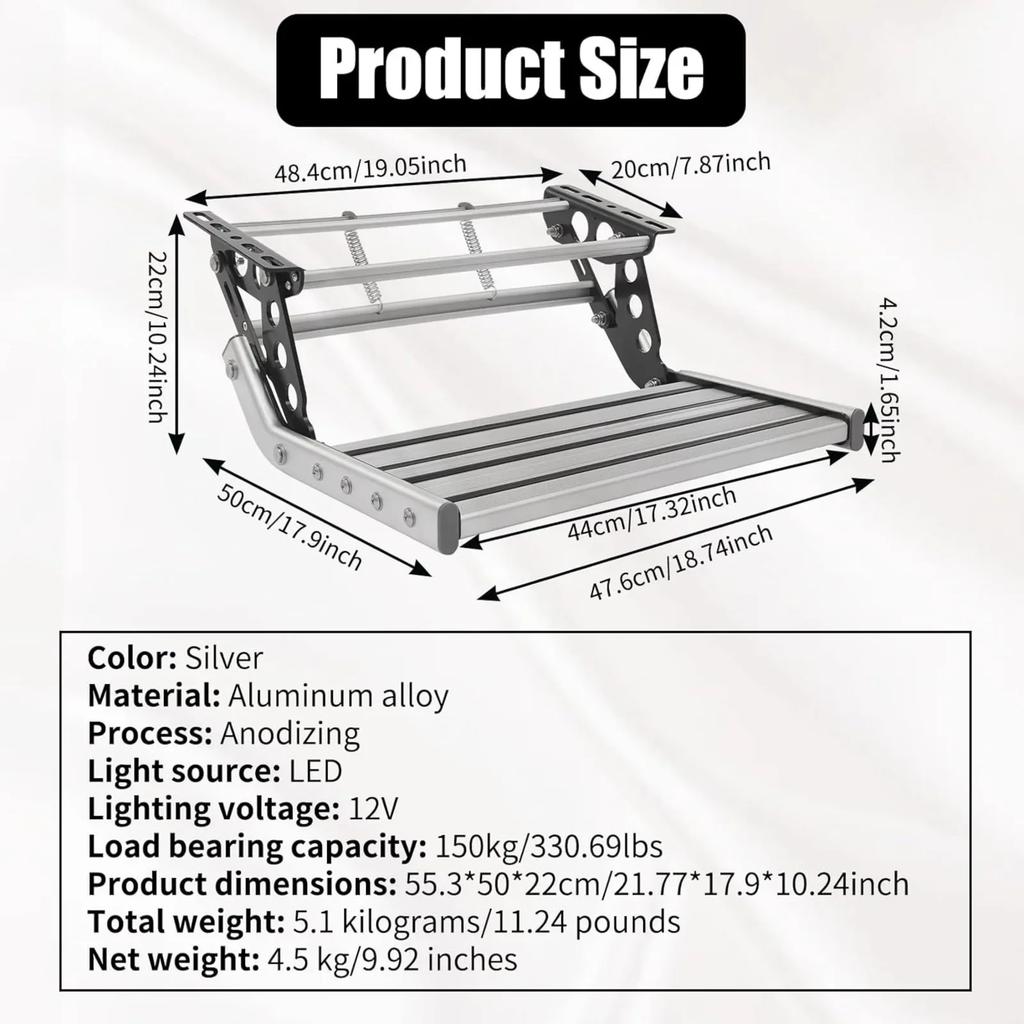Manual RV Step Assembly Manual Aluminum Alloy Folding Single Step W|LED Light Bar 330Lbs Capacity RV Steps for Campers, Caravans