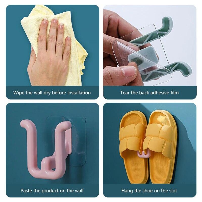 Самоклеящиеся крючки для тапочек. Полки для тапочек. Настенная стойка для обуви. Стеллаж для хранения обуви. Вешалка для сушки. Крючок для обуви в ванной комнате.