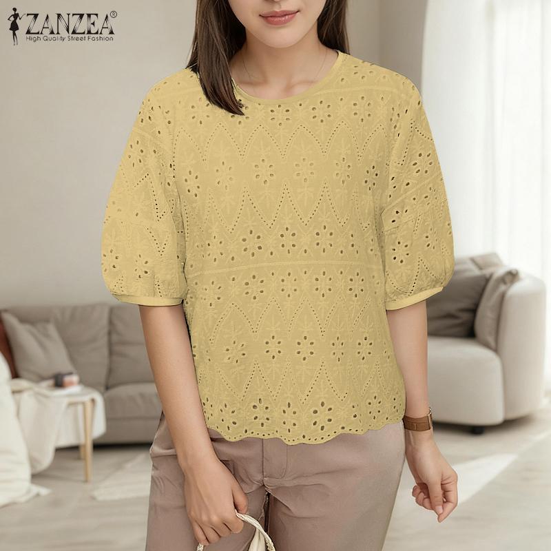 ZANZEA Женская повседневная блузка с круглым вырезом, коротким рукавом, вышивкой, крючком, пэчворком