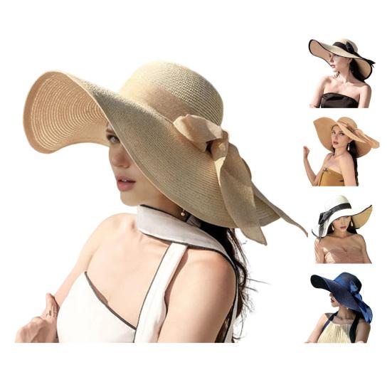 Women Straw Hat Wide Brim Breathable Lightweight Sun Protection Hat with Lace-up Bowknot Decor Sun Hat