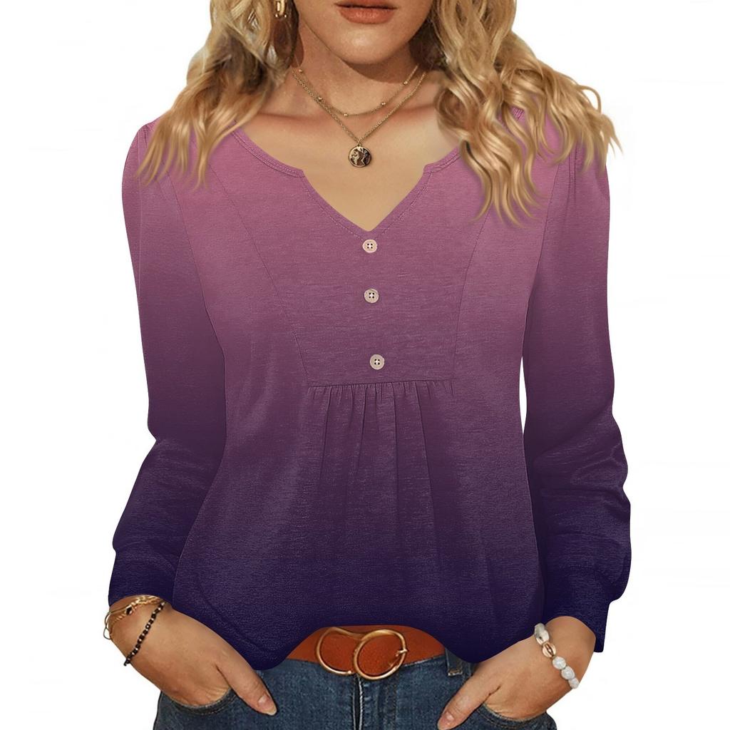 Женская модная повседневная блузка с V-образным вырезом на пуговицах, с длинным рукавом, пуловер, футболка, топ
