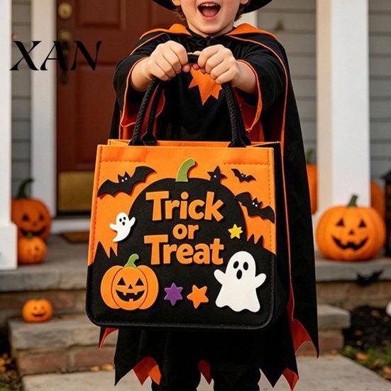 Kids Trick Or Treat Bag Halloween or Bag, Felt Goodie with Pumpkin Ghost Patches, Tote Large Candy for Kids, Party Favor, Haunted House Decor