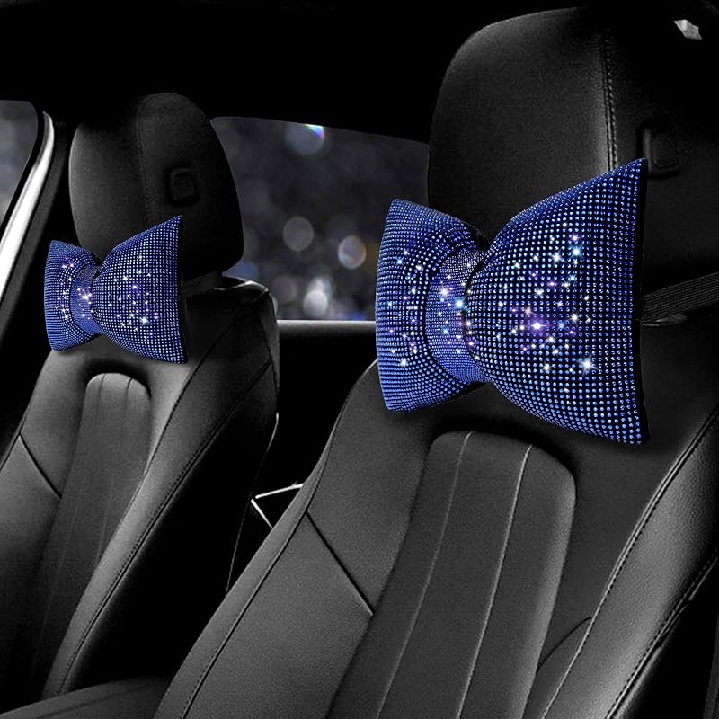 Surpassme 2PCS Rhinestone Car Headrest Neck Pillow For Driving With Bling Bling Crystal Bow Pillow Car Accessories For Women (Silver/White)