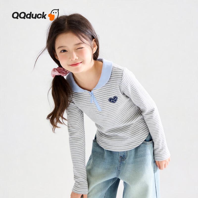 QQ DUCK Girls' Striped Polo Long Sleeve T-Shirt