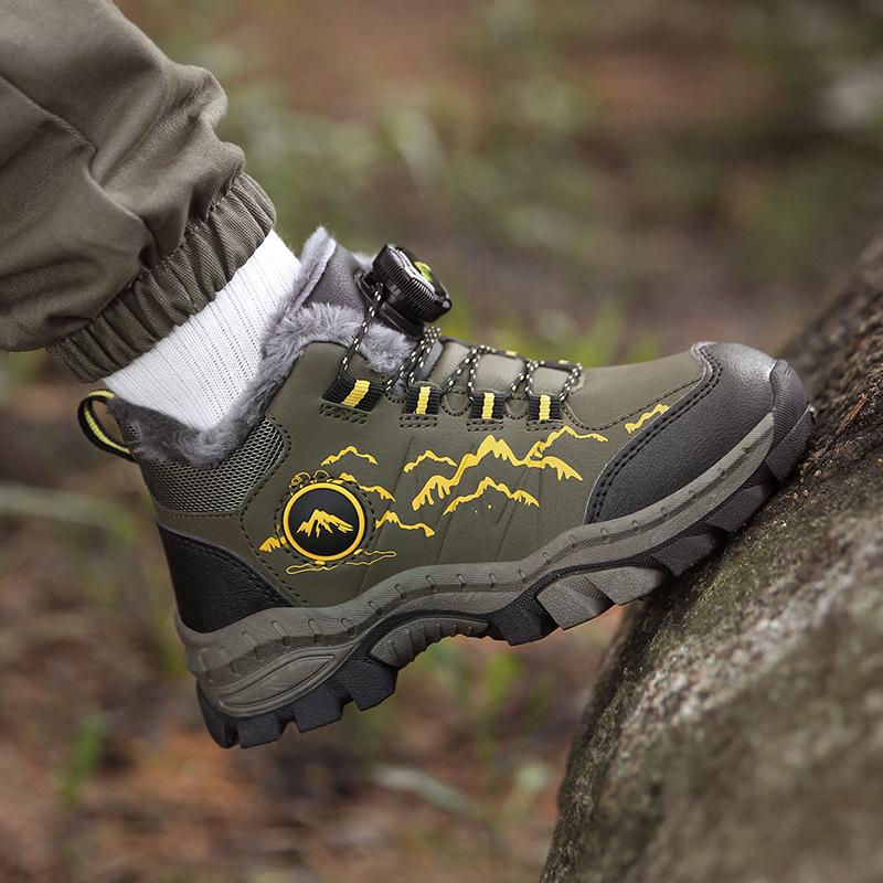 2023 Autumn Boys' Mid-Cut Velvet Hiking Shoes - Warm, Large-Size Sports Footwear for Kids