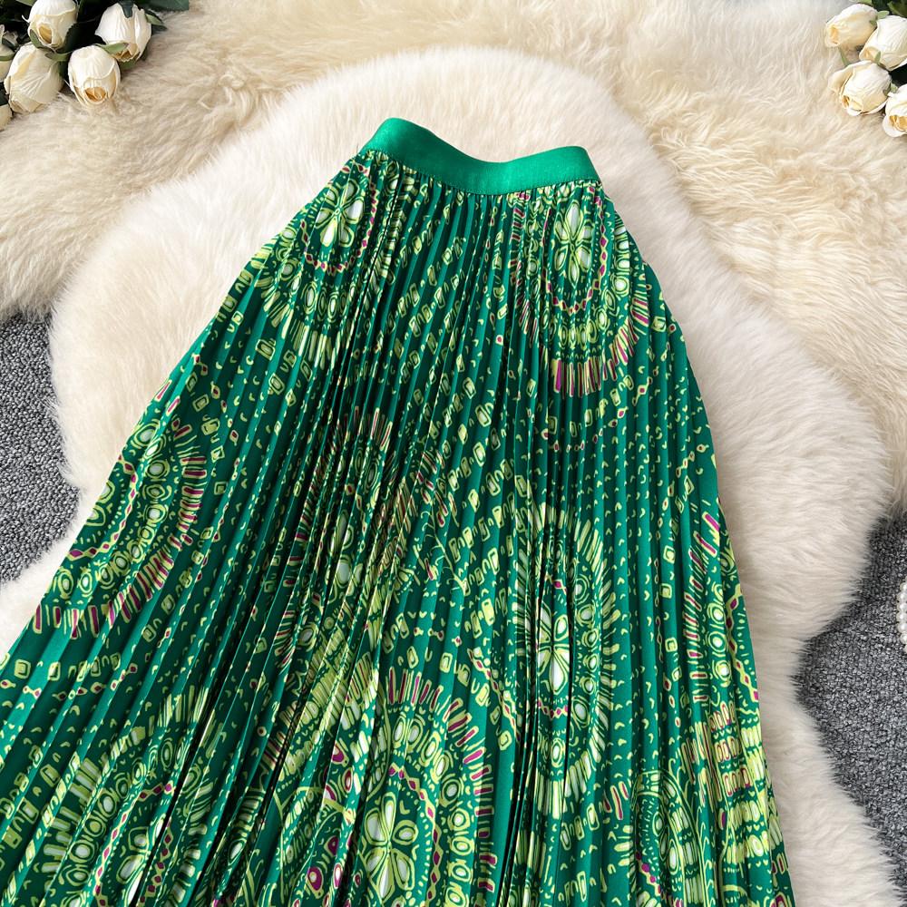 Весна Лето Женская Элегантная Юбка Макси с Принтом, Эластичной Талией и Плиссировкой для Пляжного Отдыха, Только Один Размер