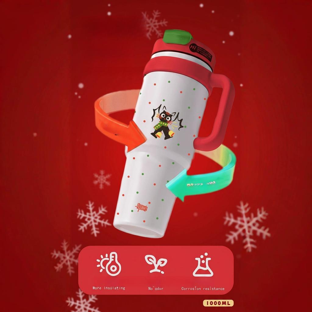 1000ml Ceramic Lined Tumbler with Handle, Large Capacity Vacuum Insulated Coffee Mug,Cartoon Pattern Leakproof Travel Water Cup for Car Office Outdoor