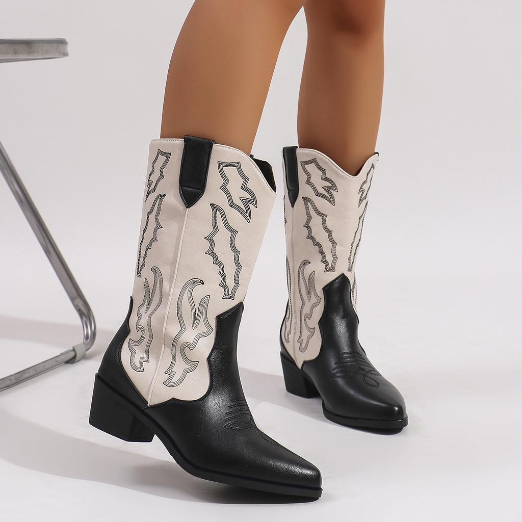 New Embroidery Women Western Cowboy Boots Slip On Thick Heels Knight Long Booties Retro Style Autumn Winter Female Shoes