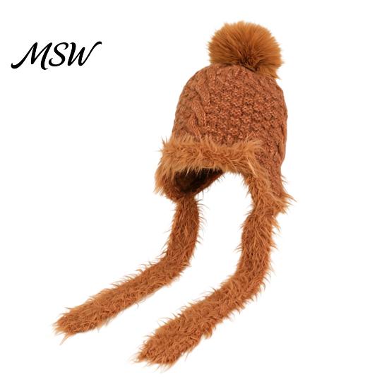 Soft Cotton Blend Hat Women Knitted Earflap Hat, Fuzzy Trim Pompom Warm Ear Protection Cap Winter Knit for Outdoor Cycling, Cold Weather Daily