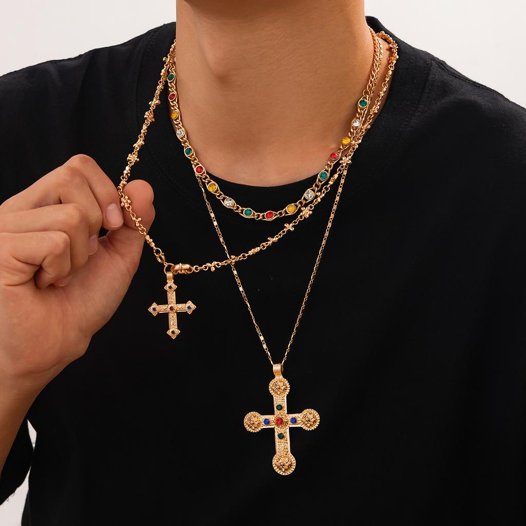 Ingemark Luxury Vintage Rhinestone Chain Imitation Pearl Chain Necklace for Women Punk Cross Pendant Choker Christian Jewelry
