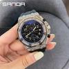 Новые продукты Sanda 7026 Мужские кварцевые часы с календарем Модные тенденции Часы с тремя глазками и шестью бриллиантами
