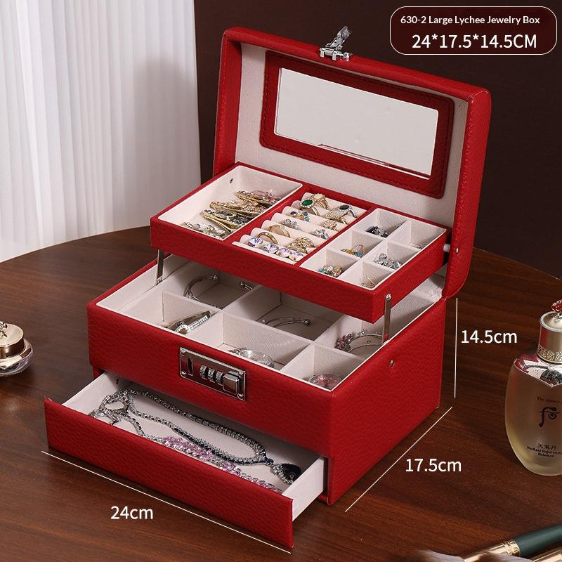 Minimalist High-end Jewelry Storage Box Pu Multi-layer Multi-function Large-capacity Jewelry Box with Mirror and Lock