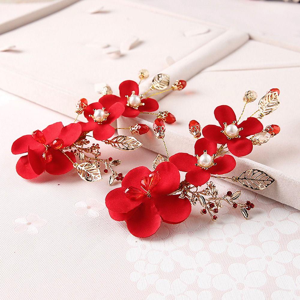 New Year Red Flower Festival Hairpins Women Barrettes Chinese Hanfu Hair Clips Duckbill Clips