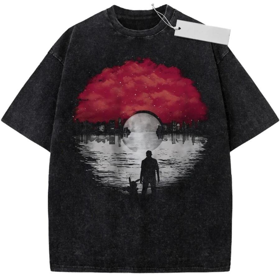 Classic Anime Pokemon Pikachu Ghost Graphic Print T-Shirt Men Women Vintage Washed Cotton Summer New Tee Streetwear Harajuku Fashion Oversized Top