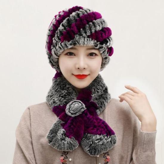 Winter Knitted Natural Fur Hats Scarves Sets Women Warm Real Rex Rabbit Fur Hat Scarf Lady Fashion Thick Rex Rabbit Fur Hat
