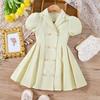 Kids Clothes and Girls Summer Puff Sleeve Lapel Solid Color Dress School Formal Uniform