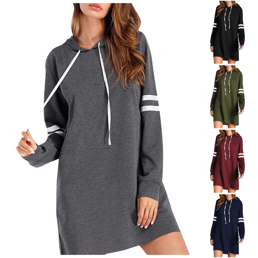 Women's Contrasting Color Long Sleeve Hooded Pocket Pullover Hooded Dress