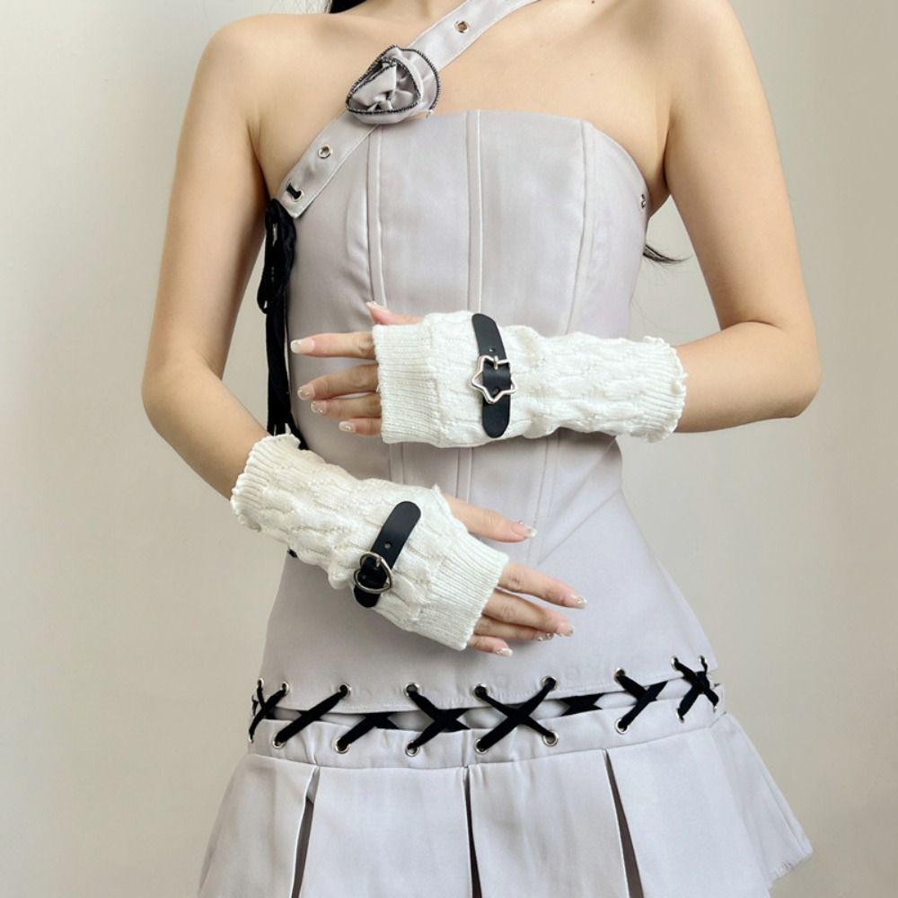 Star Knitted Arm Warmers Heart Fingerless Gloves Fashion Y2K Warm Sleeves JK