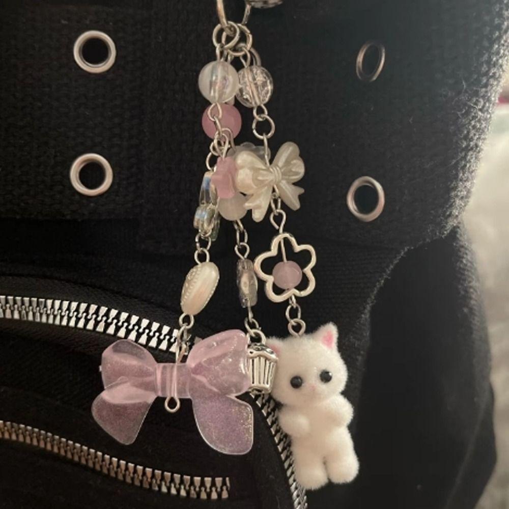 Cartoon Critters Persian Cat Pendant Bead String Car Keyring Soft Flocking Cat Keychain Girl