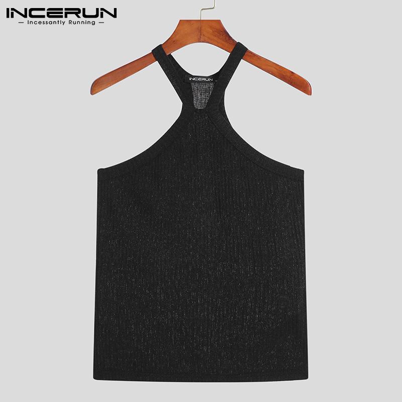 INCERUN S-5XL Summer Mens Fashion Long Sleeved Bare-midriff Tops Sleeveless O-neck Undershirt Mesh See-through Shirts Black Clubwear
